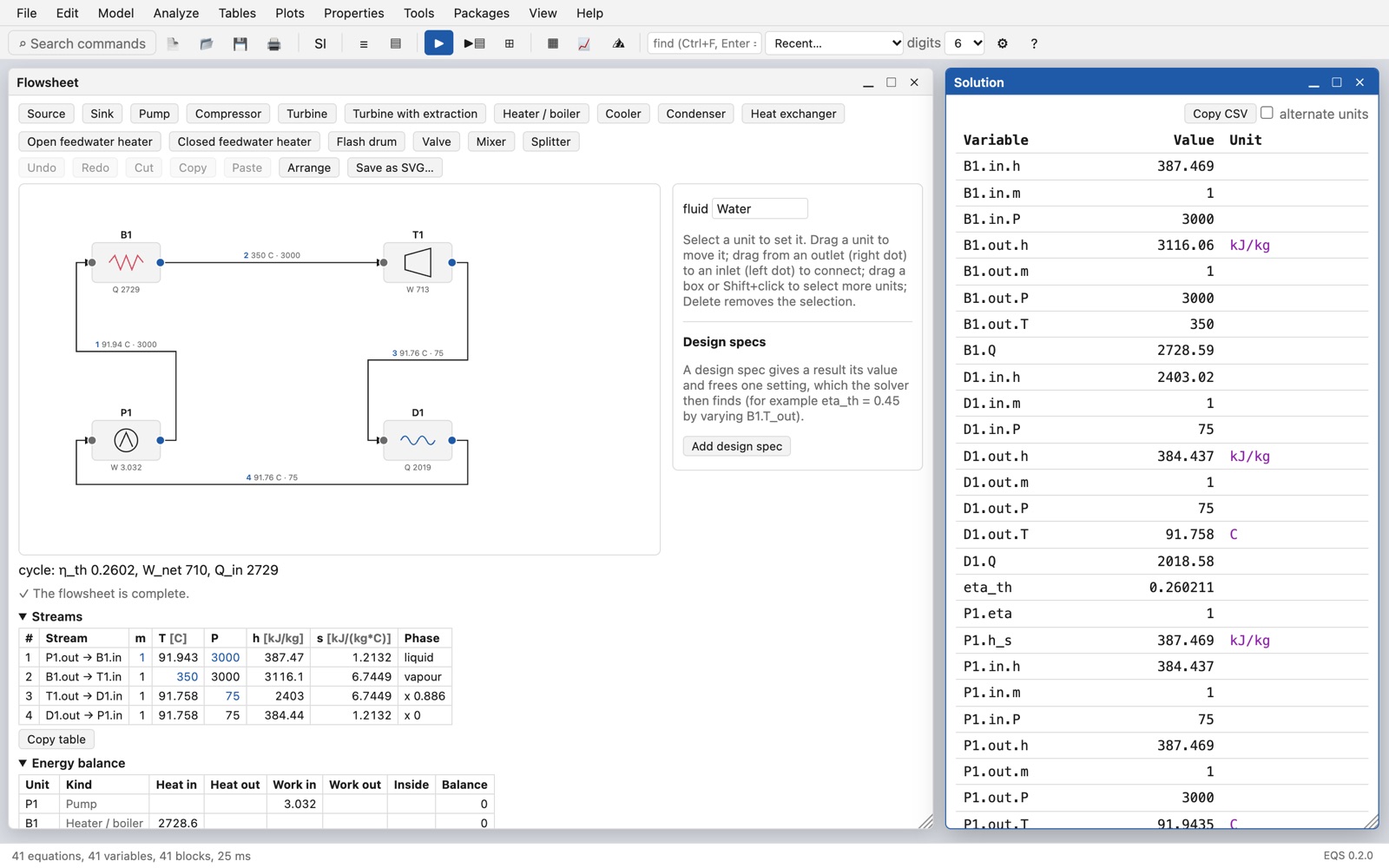 The flowsheet window with stream table and energy balance